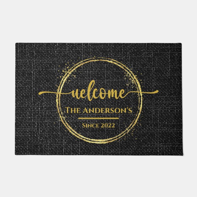 Name Schlicht Burlap Doormat aus Black & Gold Fußmatte (Vorderseite)