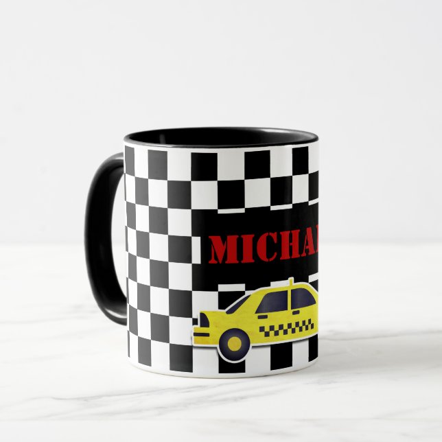 Name-schwarzes/weißes Schachbrett-Gelb-Taxi Tasse (Vorderseite Links)
