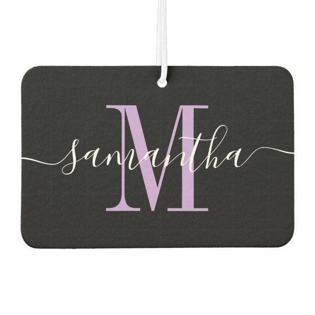 Name Script Lavender Monogram Heart Foto Black Autolufterfrischer (Vorderseite)