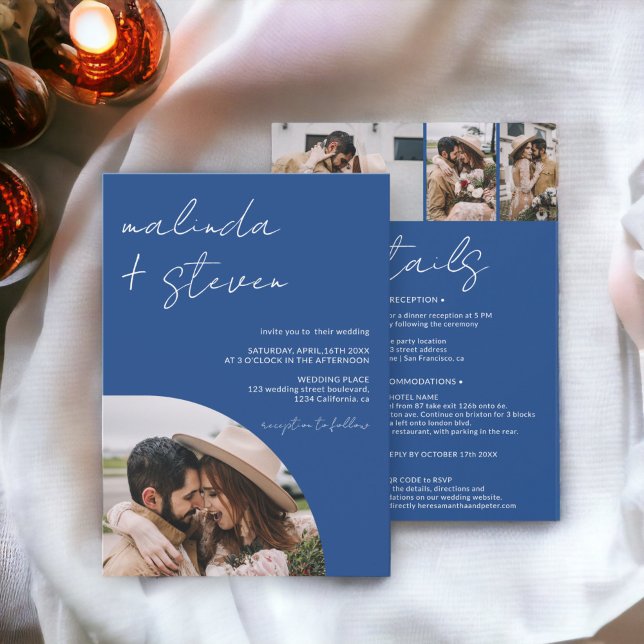 Name Skript Bogen Blau 4 Foto alle in 1 Hochzeit Einladung (Names script arch blue 4 photo all in 1 wedding invitation)