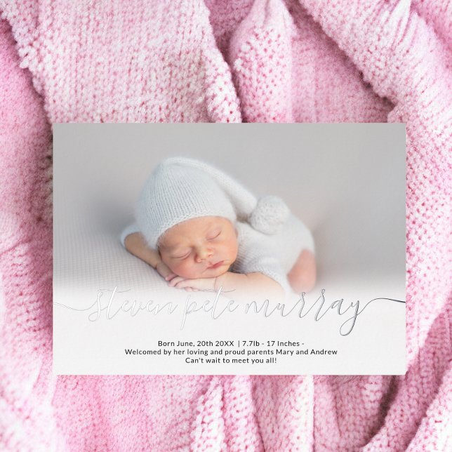 Name Skript Foto Geburtsankündigung Silber Folieneinladung (Name script photo baby birth announcement silver)