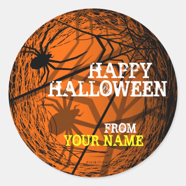 Name Spider Web Halloween-Sticker Orange hinzufüge Runder Aufkleber (Vorderseite)