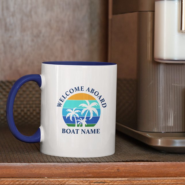Name Sun Palm Tree Willkommen an Bord Tasse (Customize to change text style, size or color.)