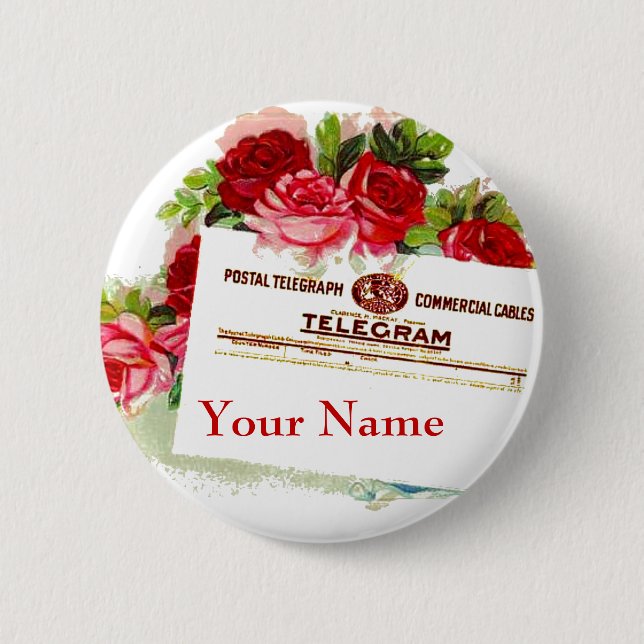 Name Tag Badge Roses Telegram Wedding Party or Any Button (Vorderseite)
