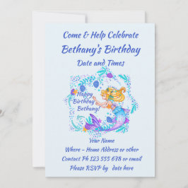 Name Text blonde Mermaid Blue Mauve Aqua Party hin Einladung