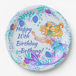 Name Text blonde Mermaid Blue Mauve Aqua Party hin Pappteller