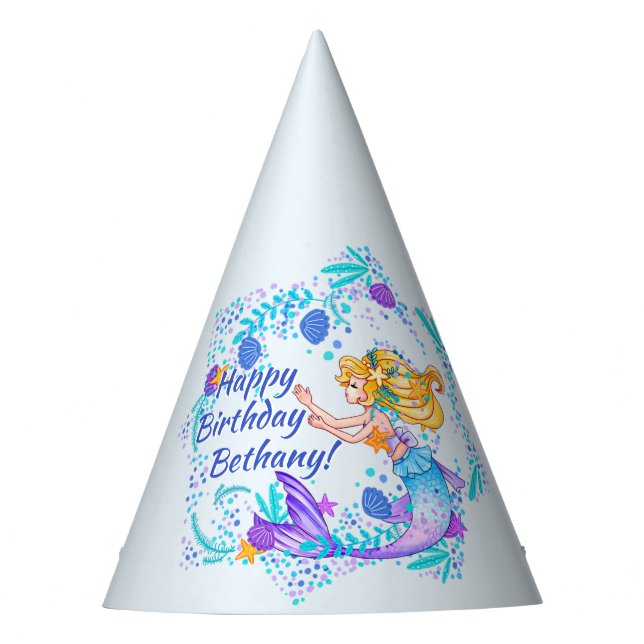Name Text blonde Mermaid Blue Mauve Aqua Party hin Partyhütchen (Vorderseite)