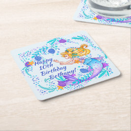 Name Text blonde Mermaid Blue Mauve Aqua Party hin Rechteckiger Pappuntersetzer