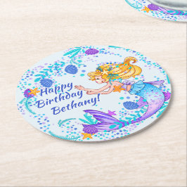 Name Text blonde Mermaid Blue Mauve Aqua Party hin Runder Pappuntersetzer