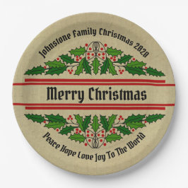 Name Text Christmas Holly 9" Pappteller