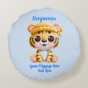Name Text hinzufügen, Baby Tiger mit Hut auf blau Rundes Kissen