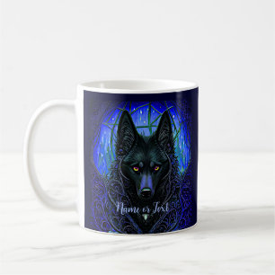 Name Text hinzufügen, Schwarzer Wolf Hund auf Blau Kaffeetasse