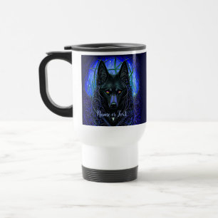 Name Text hinzufügen, Schwarzer Wolf Hund auf Blau Reisebecher