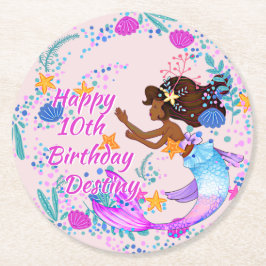 Name Text Mermaid Pink Mauve Aqua Party hinzufügen Runder Pappuntersetzer