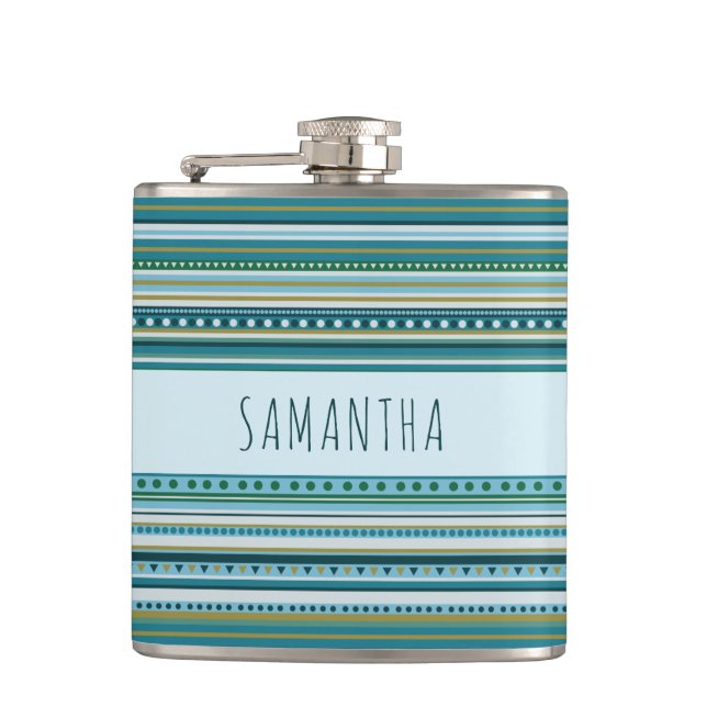 Name Tribal Aquamarin Blue Muster Vinyl Wrapped Fl Flachmann (Vorderseite)