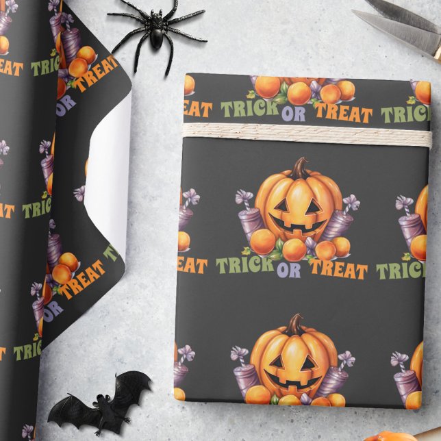 Name Trick oder Treat Spooky Pumpkin Halloween Can Geschenkpapier (Von Creator hochgeladen)