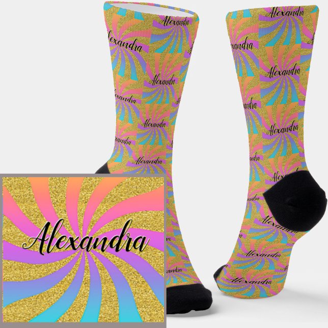 Name Twisted Sunburst Pop Art Glitzern Rainbow Socken (Von Creator hochgeladen)