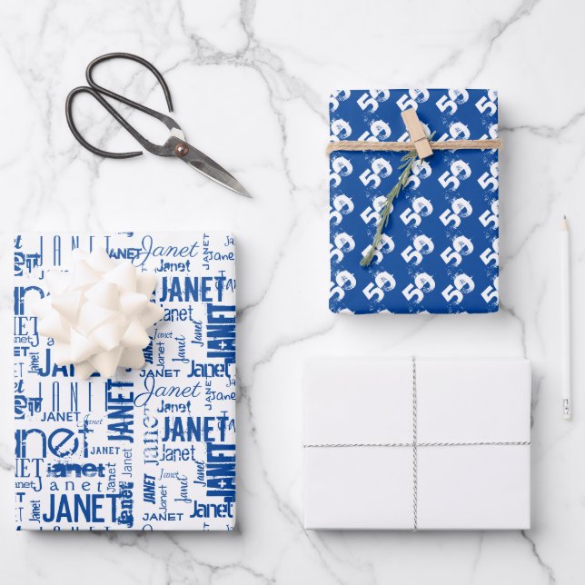 Name Typografie White Blue Word Cloud 50. Geschenkpapier Set (Vorderseite)