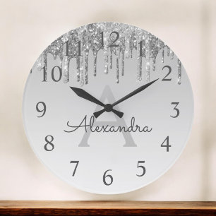 Name und Anfangsbuchstabe des Silver Sparkle Glitz Große Wanduhr