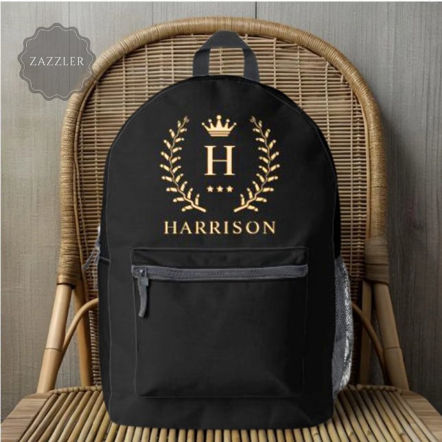 Name und Anfangssilbe Schwarz-weiß Bedruckter Rucksack (Customize Name & Initial Black White Gold Monogram Printed Backpack)