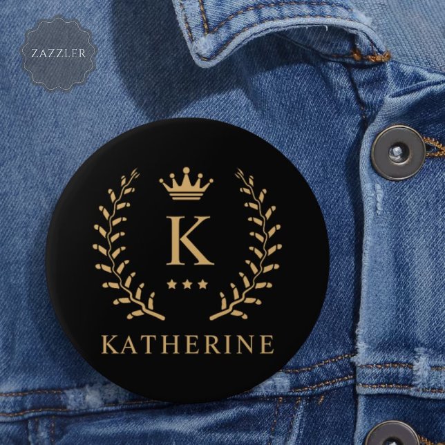 Name und Anfangssilbe Schwarz-weiß Button (Customize Name & Initial Black White Gold Monogram Button)