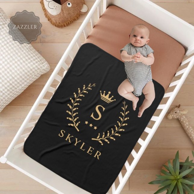 Name und Anfangssilbe Schwarz-weiß Fleecedecke (Customize Name & Initial Black White Gold Monogram Fleece Blanket)
