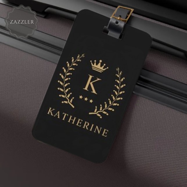 Name und Anfangssilbe Schwarz-weiß Gepäckanhänger (Customize Name & Initial Black White Gold Monogram Luggage Tag)