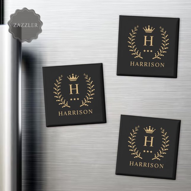 Name und Anfangssilbe Schwarz-weiß Magnet (Customize Name & Initial Black White Gold Monogram Magnet)