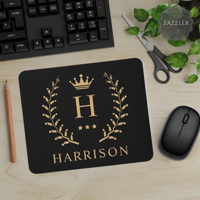 Name und Anfangssilbe Schwarz-weiß Mousepad (Customize Name & Initial Black White Gold Monogram Mouse Pad)