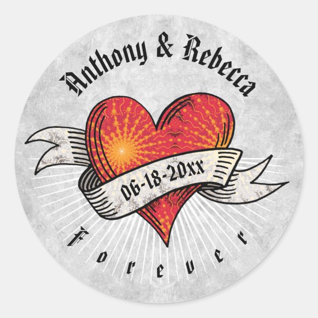 Name und Datum der modernen Red Heart Add-Namen Runder Aufkleber (Vorderseite)