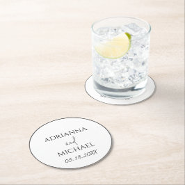 Name und Datum des Hochzeitskopfes weiß Runder Pappuntersetzer