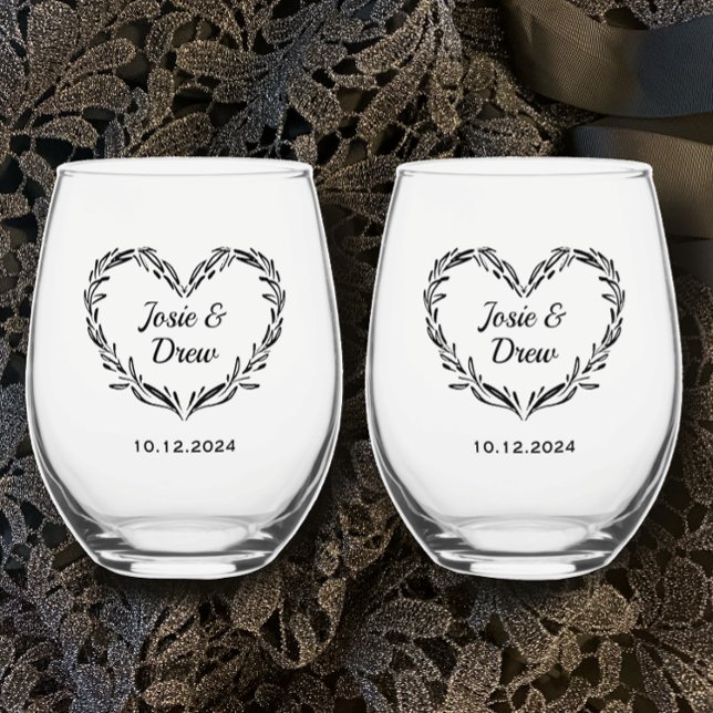 Name und Datum des personalisierten Ehepaares Weinglas Ohne Stiel (Add couple’s names and celebration date for unique personalized romantic heart stemless wine glasses)