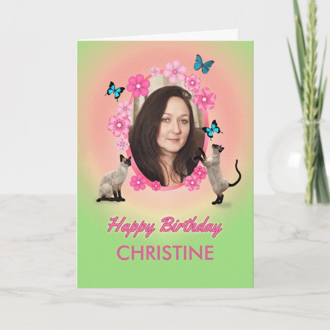 Name und Fotokarte mit Katzen und Schmetterlingen, Karte (Vorderseite)