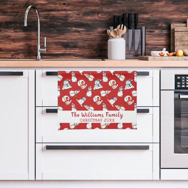 Name und Jahr der Weihnachtsfamilie | Snowman Red  Geschirrtuch (Kitchen)