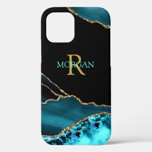 Name und Monogramm, Aquamarin/schwarz, Gold/Aquama Case-Mate iPhone Hülle