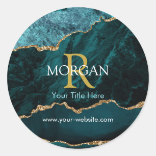 Name und Monogramm, Aquamarines schwarzes Tor, wei Runder Aufkleber