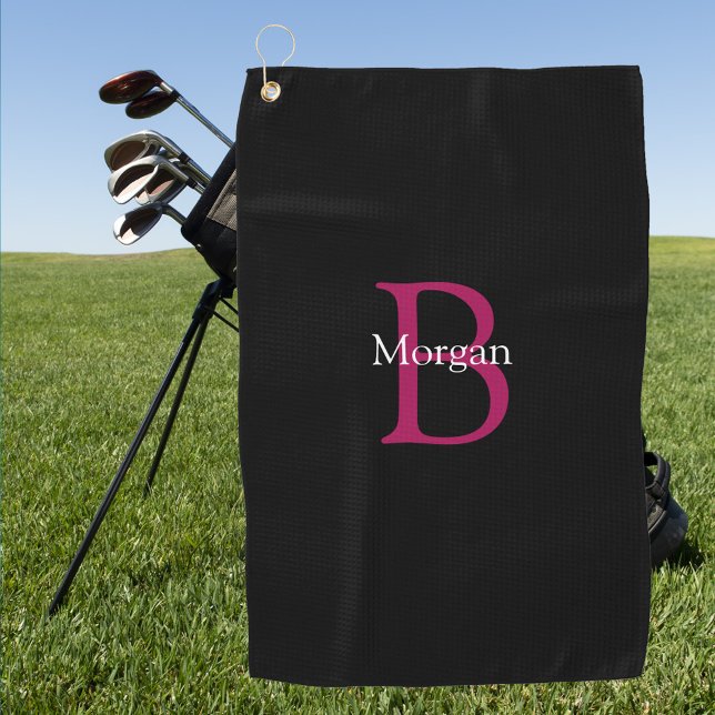 Name und Monogramm auf Schwarz Golfhandtuch (Von Creator hochgeladen)