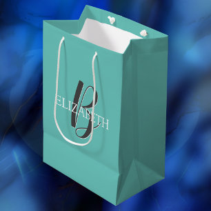 Name und Monogramm, B/W-Text, leicht Aquamarin Mittlere Geschenktüte