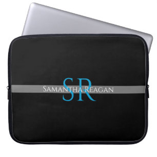 Name und Monogramm blau/weiß graue Streifen person Laptopschutzhülle