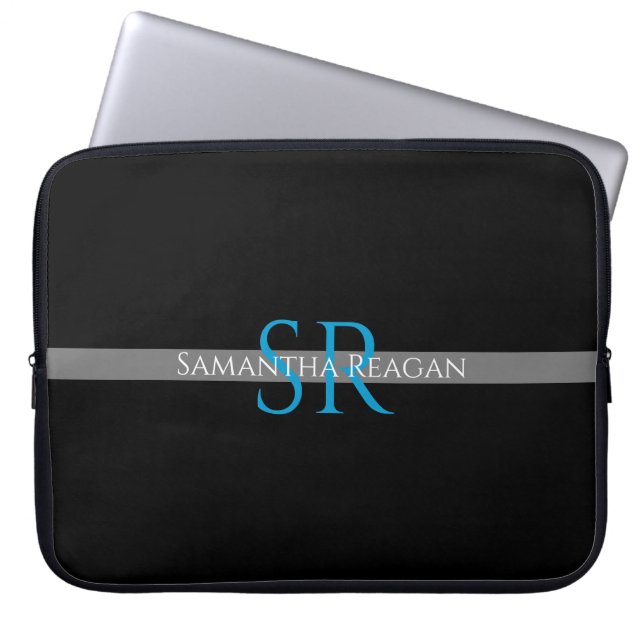 Name und Monogramm blau/weiß graue Streifen person Laptopschutzhülle (Vorderseite)