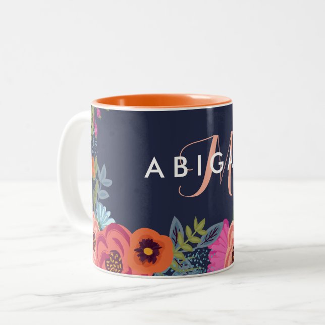Name und Monogramm der Blume von Navy Boho Zweifarbige Tasse (Vorderseite Links)