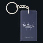 Name und Monogramm der Personalisierten Navy-Trauz Schlüsselanhänger<br><div class="desc">Fügen Sie Ihrer Hochzeit eine persönliche Touch mit personalisierten Trauzeugen Schlüsselanhänger hinzu. Dieser Schlüsselanhänger zeichnet sich durch den Namen des personalisierten Trauzeugen im Schriftart-Stil aus,  mit Hochzeitsdetails im klassischen Weiß-Serif-Schriftart und Monogramm im hellblau-klassischen Serif-Schriftart-Stil als Hintergrund auf marinebasischem Hintergrund. Auch perfekt für Trauzeuge,  Brautvater,  Ringträger und mehr.</div>