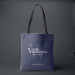 Name und Monogramm der personalisierten Trauzeuge<br><div class="desc">Fügen Sie eine persönliche Touch zu Ihrer Hochzeit mit personalisierten Trauzeugen zu Tasche. Diese Tasche zeigt den Namen des personalisierten Trauzeugen im Schriftart-Stil mit weißen klassischen Schriftzeichen,  mit Hochzeitsdetails im klassischen Serifenstil und Monogramm im hellblau-klassischen Serif-Schriftart-Stil,  als Hintergrund,  auf marinebasischem Hintergrund. Auch perfekt für Trauzeuge,  Brautvater,  Ringträger und mehr.</div>