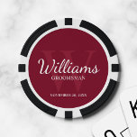 Name und Monogramm der personalisierten Trauzeuge Pokerchips<br><div class="desc">Fügen Sie Ihrer Hochzeit eine persönliche Touch mit personalisierten Trauzeugen Poker Chips. Dieses Design zeichnet sich durch den Namen des personalisierten Trauzeugen im Schriftart-Stil mit weißen klassischen Serif-Schriftart-Stil und Monogramm in hellbordeauxroten klassischen Serif-Schriftart-Stil als Hintergrund auf burgundischen roten Hintergrund aus. Auch perfekt für Trauzeuge,  Brautvater,  Ringträger und mehr.</div>