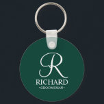 Name und Monogramm des personalisierten Trauzeugen Schlüsselanhänger<br><div class="desc">Elegante Geschenke mit Personalisiertem Trauzeuge mit personalisiertem Monogramm in weißem,  elegantem Script-Schriftart-Stil mit Trauzeuge Name und Titel im klassischen Serif-Schriftart-Stil auf smaragdgrünem Hintergrund. Auch perfekt für Trauzeuge,  Brautvater,  Brautjungfrau,  Trauzeugin,  Blume Mädchen,  Brautmutter und mehr.</div>