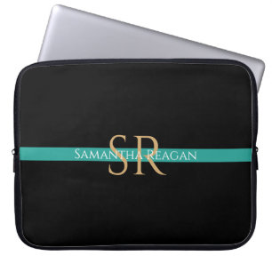 Name und Monogramm, Gold/Weiße Aquamarine Streifen Laptopschutzhülle