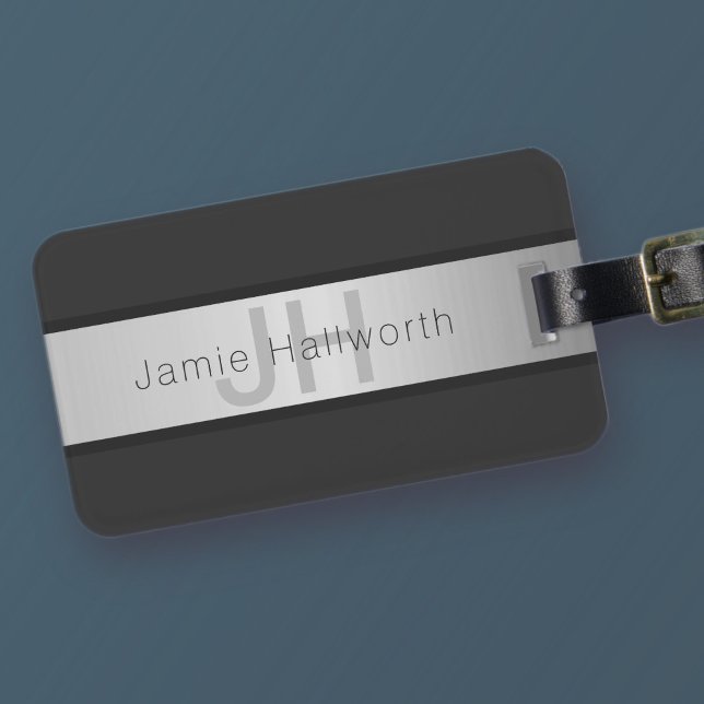 Name und Monogramm | Grays & Imitate Silver Look Gepäckanhänger (Von Creator hochgeladen)