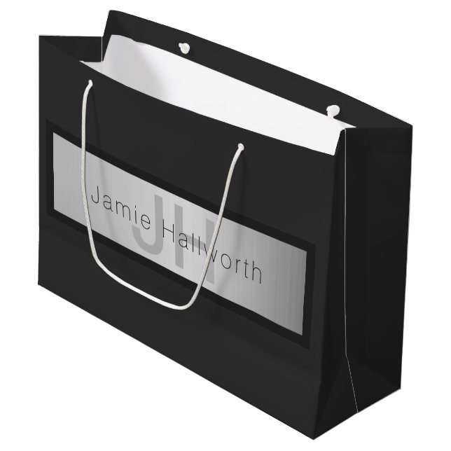 Name und Monogramm | Grays & Imitate Silver Look Große Geschenktüte (Vorderseite Schrägansicht)