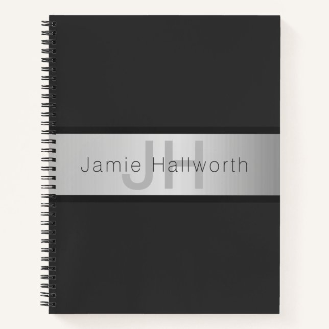 Name und Monogramm | Grays & Imitate Silver Look Notizbuch (Vorderseite)