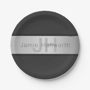 Name und Monogramm   Grays & Imitate Silver Look Pappteller